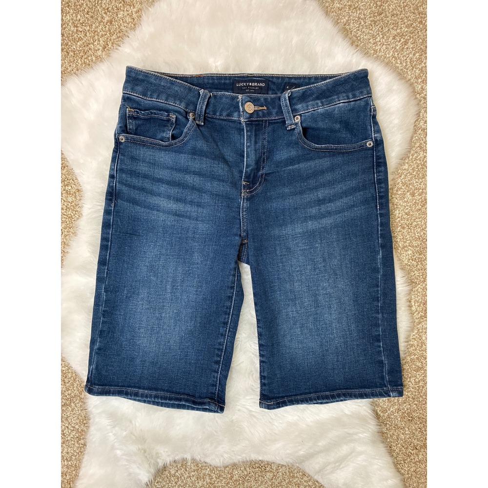 Lucky Brand Bermuda Dark Wash Denim Shorts Womens 4 27 Blue Stretch Knee Length